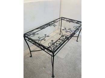 Rod Iron Table With Plate Glass Top As Well As White Padded Wood Craft Table Top
