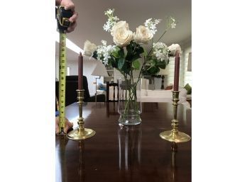 Elegant Brass Candlesticks With Tall White Faux Floral Display