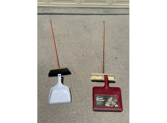 Two Push Brooms With Dust Pans