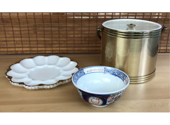 Gold Colored Ice Bucket & Two Decorative Serving Dishes
