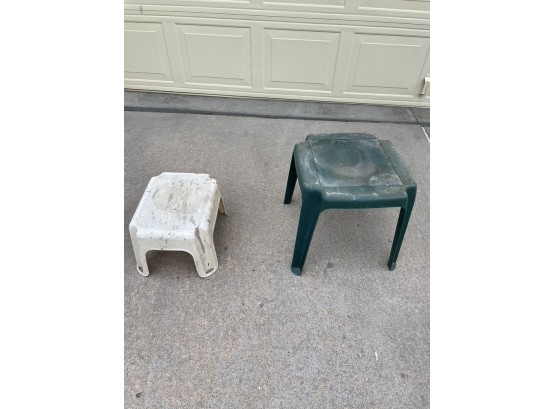WELL USED STEP STOOL AND PLASTIC SIDE TABLE