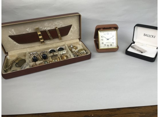 Collection Of Cufflinks , Tie Clips & Travel Alarm Clock
