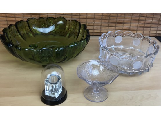 Beautiful Green Glass Bowl & Assortment Of Clear Glass Decorative Bowls