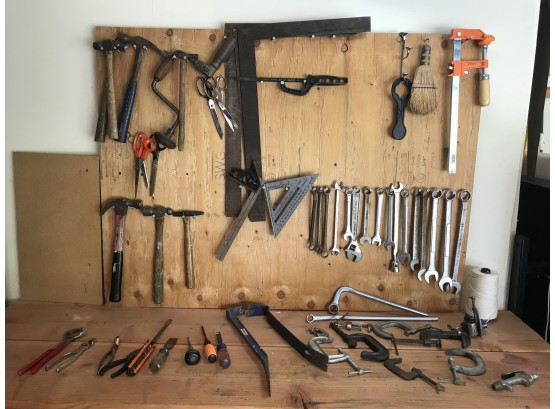 Big Assortment Of Tools Featuring Wrenches, C Clamps, Crowbars & More (see Photos, Bench Not Included)