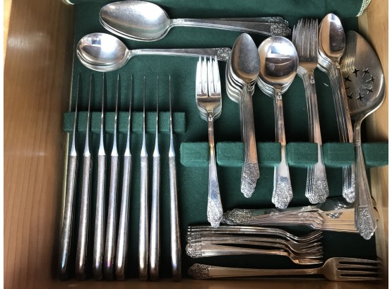 Plated Silverware Set With A Couple Of Pieces Of Sterling (Green Divider(Green Divider Not Included)