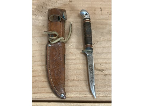 Western Brand Hunting Knife In Leather Sheath, American Made In Boulder Colorado