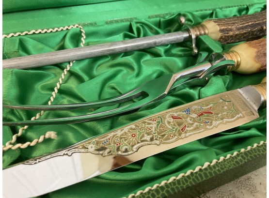 Beautiful Enameled Decorative Serving Knife Set With Antler Handles In Green Case