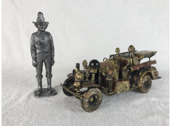 Rustic Style Pewter Statue & Copper Engine ( Engine Appears To Be Handmade- Approximately 8' Long)