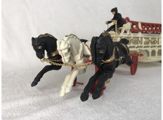 Large Cast Iron Antique Reproduction Of Old Fashioned  Fire Fighting Wagon With Men & Horses