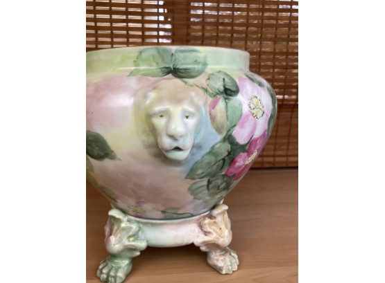 Vienna Jardinere W/ Lions Head & Hand Painted Roses W/ Separate Iimoges France Claw Foot Stand
