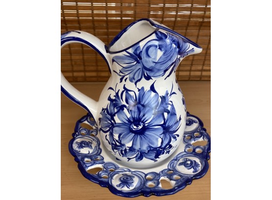 Blue Hand Painted Floral Pitcher & Plate Made In Portugal