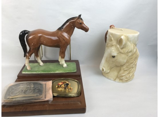 Two Horse Related Decorations Featuring Horse Candle & 49ers Belt Buckle