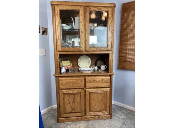 Golden Oak Hutch With Glass Front Upper Doors- Cabinet ONLY - Items Shown In Cabinet Are Not Included