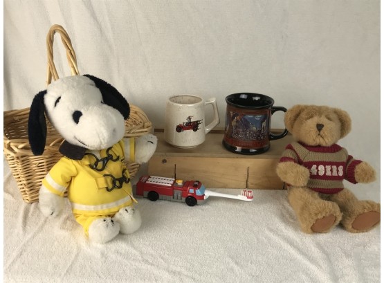 Basket With 2 Plush Animals, Firetruck Electric Toothbrush & 2 Fire Fighter Mugs