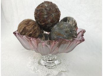 Glass Dish On Pedestal With Feathered Covered Orbs & White Doily