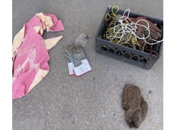 Plastic Crate Of Rope & Work Gloves, Old Baseball Glove & More