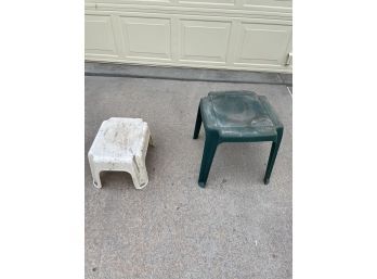 WELL USED STEP STOOL AND PLASTIC SIDE TABLE