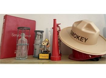 Nice Vintage Fire Fighter Lot Featuring Snoopy Trophy, Fire Extinguisher, & Lighted Firemen Hat