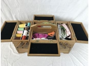 Nice Hardwood Multi Drawer Sewing Box With Large Assortment Of Sewing Items & Pinking & Regular Scissors