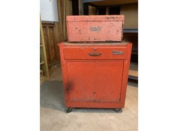RED PATINA VINTAGE HERBRAND TOOL CABINET AND TOOLBOX WITH ALL CONTENTS!