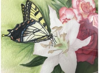 Framed Watercolor Painting Of Butterfly & Flowers