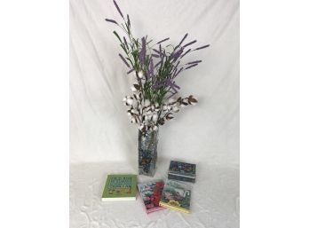Butterfly Motif Glass Vase With Display & Butterfly Jewelry Box With A Couple Small Books