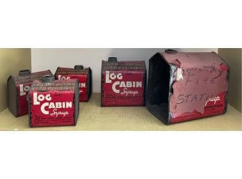 Collection Of Vintage Log Cabin Syrup Metal Containers