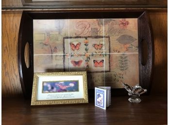 Collection Of Butterfly Decor- Tray, Framed Poem, Petite Booklet, & Figure