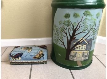 Painted Cottage Scene Milk Can  & Sweet Butterfly Needlepoint Door Stop