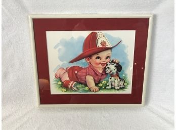Cute Vintage Illustration Of Child Dressed As A Fireman With Dalmatian Puppy