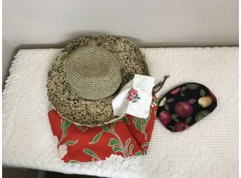 Woven Womans Hat, Red Floral Fabric Scarf & Small Zippered Bag