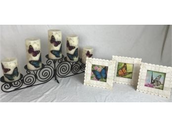 Beautiful Butterfly Motif Candles On Metal Candle Stand With Three Butterfly Illustrations In Carved Frames