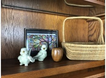 Cute Bird Figurines, Wooden Apple, Cheerful Art & Basket