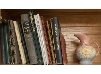 Shelf Of Books & Cute Vintage Ceramic Pitcher With Yellow Flower