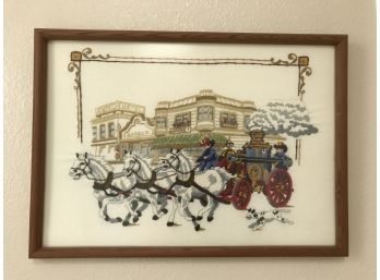 Embroidered Framed Picture Of Antique Firefighters With Horse Drawn Carriage
