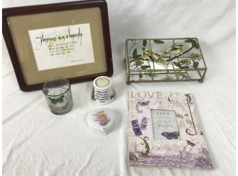 Lovely Collection Of Heartfelt Decor Items  - Framed Poem,  Glass Box With Bird Design,  2 Votives Etc..