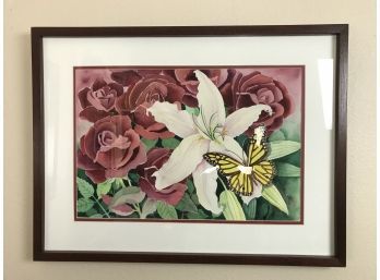 Framed Watercolor Painting Of Yellow Butterfly With Roses & Flowers