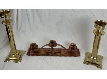 Two Tall Metal Candelabras & A Copper 3 Candle Holder
