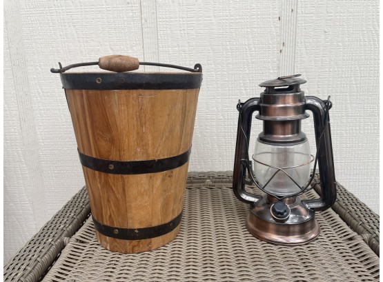 Wooden Bucket With Handle & Brass Colored Lantern