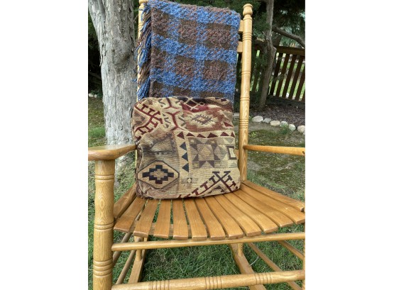 Comfy Wooden Rocking Chair With Knitted Blanket & Pillow