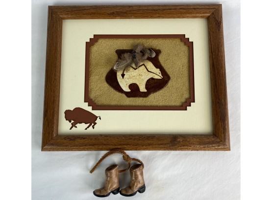Framed Western Style Art With Arrowhead, Feather & Small Pair Of Boot Decoration