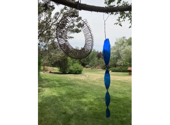 Two Big Hanging Tree Decorations Featuring Blue Acrylic Swirl