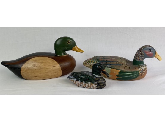 Three Painted Decorative Wooden Duck Decoys