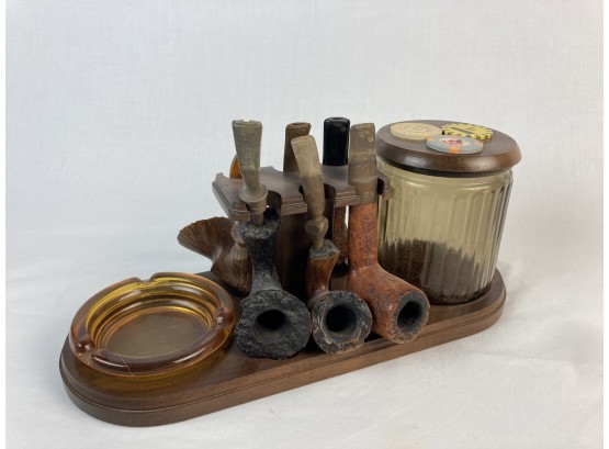 Awesome Vintage Pipe Collection With Pipe Stand/Lidded Jar/ashtray Set (see Photos)