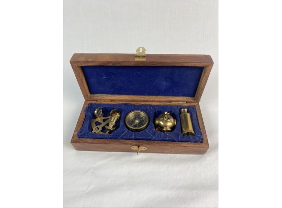Nice Collection Of Brass Nautical Items In Wood Box