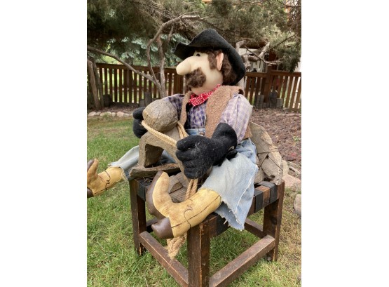 Big Cute Stuffed Cowboy Highly Detailed With Wooden Saddle & Wooden And Leather Stool