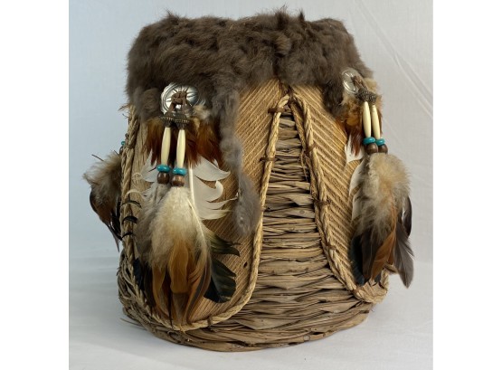 Pair Of Replica Childrens Moccasins & Woven Native American Inspired Basket With Feathers