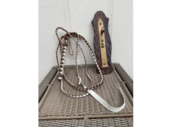 Nice 150 Inch Long Leather Whip With Wooden & Brass Wall Hanger