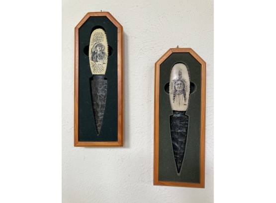Set Of Scrimshaw Native American Motive Stone Blade Knives In Wooden Displays
