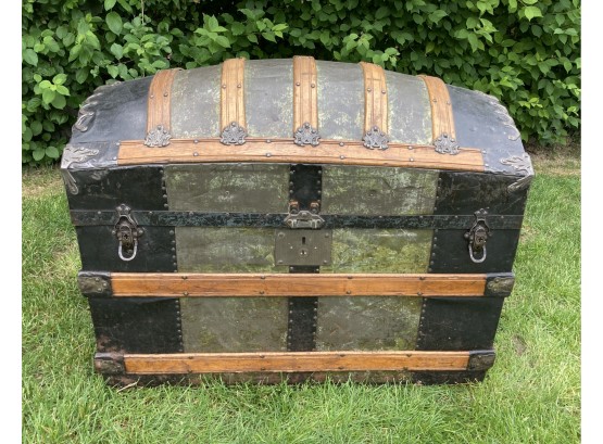 Big Beautiful Antique Wood & Metal Treasure Chest Style Antique Chest On Casters